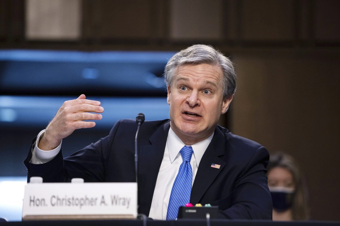 FBI Director Christopher Wray testifies before the Senate Judiciary Committee on Capitol Hill in Washington, Tuesday, March 2, 2021. (Graeme Jennings/Pool via AP) FBI Director Christopher Wray testifies before the Senate Judiciary Committee on Capitol Hill in Washington, Tuesday, March 2, 2021. (Graeme Jennings/Pool via AP)