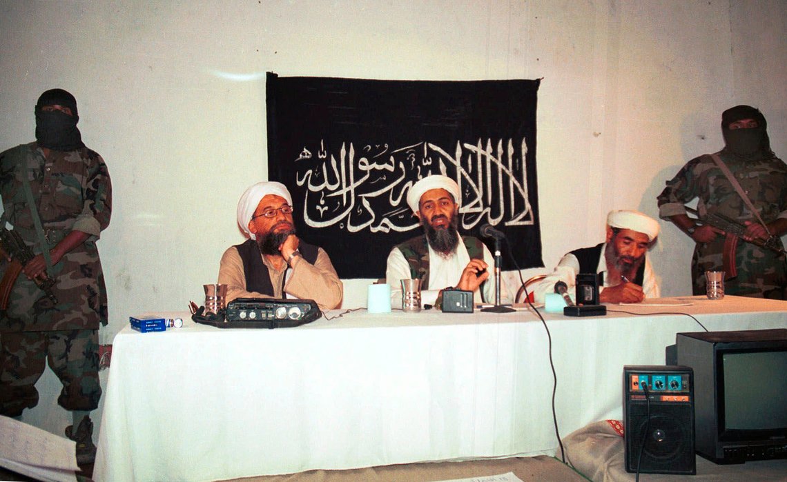 FILE - In this 1998 file photo, Ayman al-Zawahri, center left, and Osama bin Laden, center, hold a news conference in Afghanistan. Born out of the 1980s war against the Soviet Union's occupation of Afghanistan, the terror group al-Qaida under bin Laden grew into a generational threat to America that culminated in its Sept. 11, 2001, attack that brought down the World Trade Center in New York. (AP Photo/File) FILE - In this 1998 file photo, Ayman al-Zawahri, center left, and Osama bin Laden, center, hold a news conference in Afghanistan. Born out of the 1980s war against the Soviet Union's occupation of Afghanistan, the terror group al-Qaida under bin Laden grew into a generational threat to America that culminated in its Sept. 11, 2001, attack that brought down the World Trade Center in New York. (AP Photo/File)