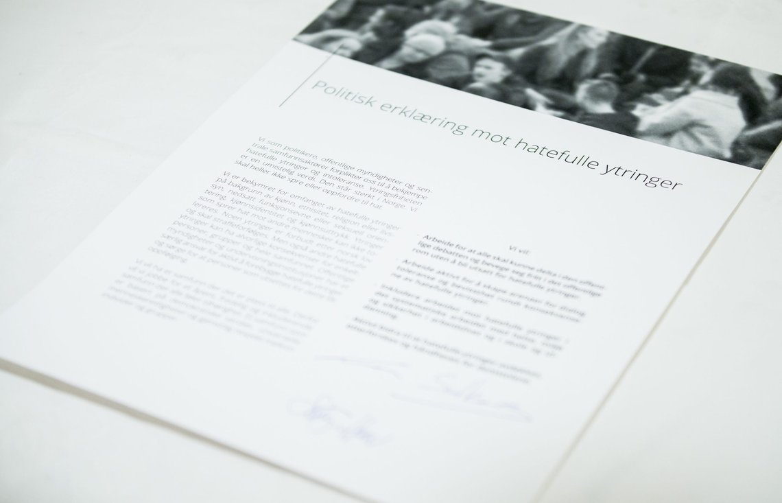 Politisk erklæring mot hatefulle ytringer på Jødisk Museum i Oslo. Foto: Vegard Wivestad Grøtt / NTB Politisk erklæring mot hatefulle ytringer på Jødisk Museum i Oslo. Foto: Vegard Wivestad Grøtt / NTB