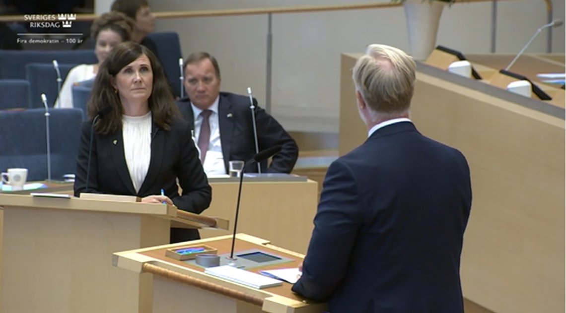 Märta Stenevi (MP) diskuterer gjengkriminelle innvandrere med Johan Pehrson (L) som står med ryggen mot kamera. Skjermdump Riksdagen Märta Stenevi (MP) diskuterer gjengkriminelle innvandrere med Johan Pehrson (L) som står med ryggen mot kamera. Skjermdump Riksdagen