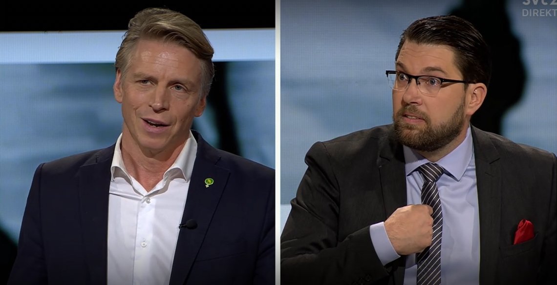 Per Bolund ble tvunget til å svare Jimmie Åkesson under gårsdagens svenske partilederdebatt.
Skjermdump fra video: SVT. Per Bolund ble tvunget til å svare Jimmie Åkesson under gårsdagens svenske partilederdebatt.
Skjermdump fra video: SVT.