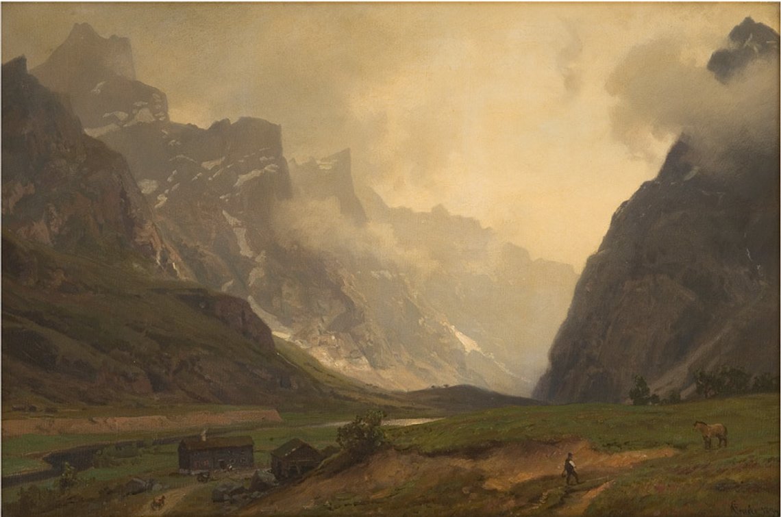 Hans Gude (1825-1903), Troldtinderne i Romsdalen; foden af Romsdalshorn til hoejre, 1894 Hans Gude (1825-1903), Troldtinderne i Romsdalen; foden af Romsdalshorn til hoejre, 1894