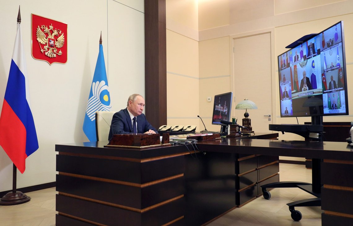 Russian President Vladimir Putin takes part in a virtual Summit of leaders from the Commonwealth of Independent States (CIS) at the Novo-Ogaryovo residence outside Moscow, Russia, Friday, Oct. 15, 2021. (Evgeniy Paulin, Sputnik, Kremlin Pool Photo via AP) Russian President Vladimir Putin takes part in a virtual Summit of leaders from the Commonwealth of Independent States (CIS) at the Novo-Ogaryovo residence outside Moscow, Russia, Friday, Oct. 15, 2021. (Evgeniy Paulin, Sputnik, Kremlin Pool Photo via AP)