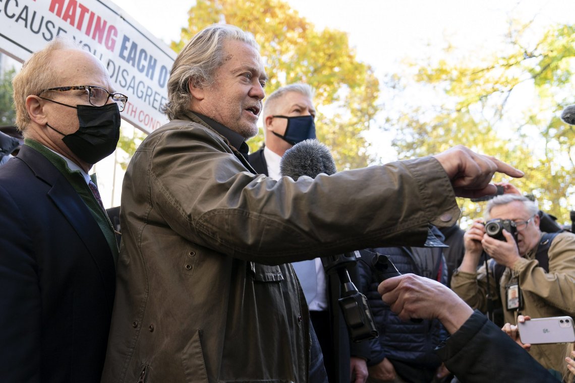 Former White House strategist Steve Bannon and attorney David Schoen,left, speak to the media after departing federal court, Monday, Nov. 15, 2021, in Washington. (AP Photo/Jose Luis Magana) Former White House strategist Steve Bannon and attorney David Schoen,left, speak to the media after departing federal court, Monday, Nov. 15, 2021, in Washington. (AP Photo/Jose Luis Magana)