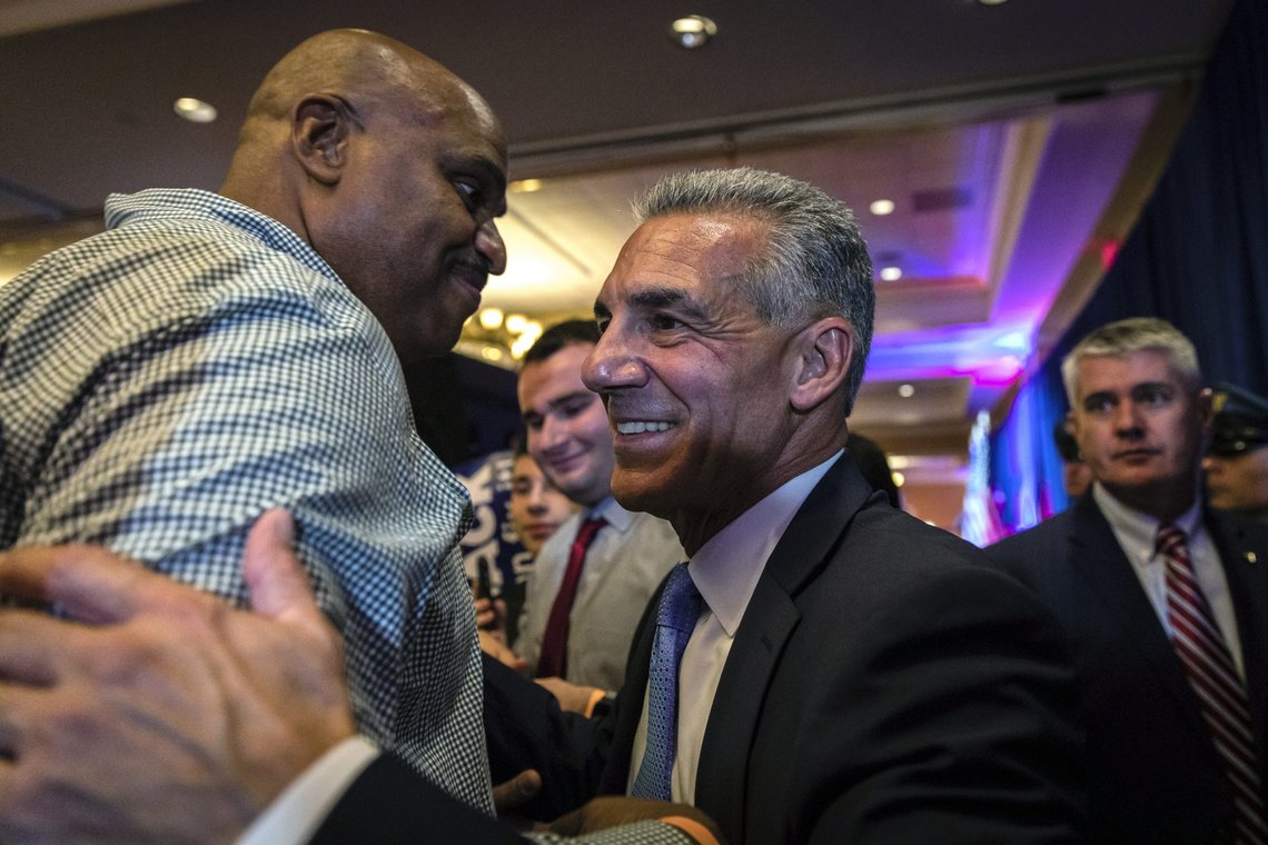 Republican New Jersey gubernatorial candidate Jack Ciattarelli, center, greets a supporter at his election night party in Bridgewater, N.J., early Wednesday, Nov. 3, 2021. (AP Photo/Stefan Jeremiah) Republican New Jersey gubernatorial candidate Jack Ciattarelli, center, greets a supporter at his election night party in Bridgewater, N.J., early Wednesday, Nov. 3, 2021. (AP Photo/Stefan Jeremiah)