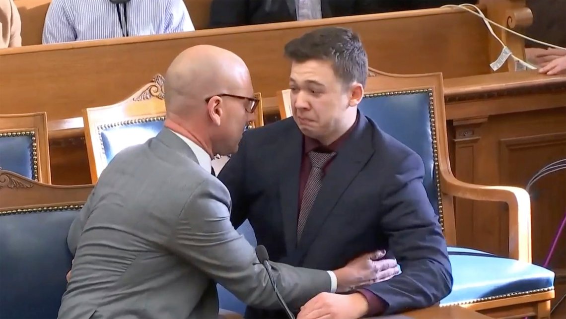 Kyle Rittenhouse is comforted by his lawyer as he was acquitted of all charges at the Kenosha County Courthouse in Kenosha, Wis., on Friday, Nov. 19, 2021. The jury came back with its verdict after close to 3 1/2 days of deliberation. (AP Photo) Kyle Rittenhouse is comforted by his lawyer as he was acquitted of all charges at the Kenosha County Courthouse in Kenosha, Wis., on Friday, Nov. 19, 2021. The jury came back with its verdict after close to 3 1/2 days of deliberation. (AP Photo)