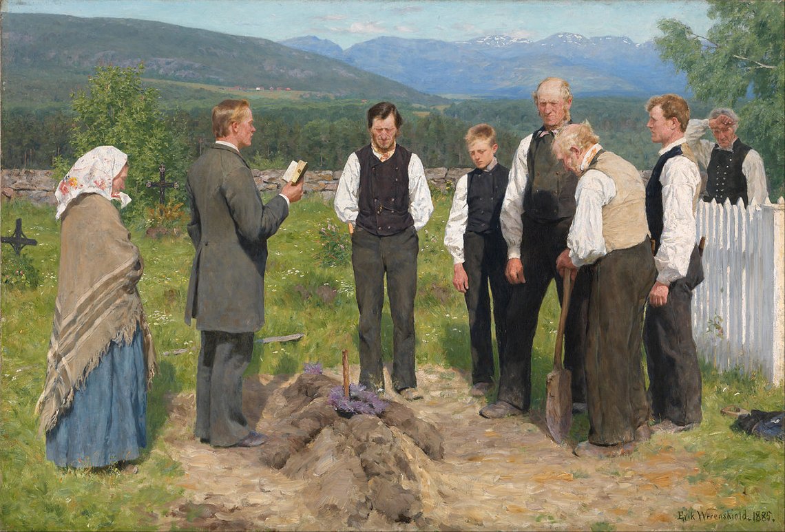 Erik Werenskiold; En bondebegravelse (1885) Nasjonalgalleriet. Wikimedia commons. Erik Werenskiold; En bondebegravelse (1885) Nasjonalgalleriet. Wikimedia commons.
