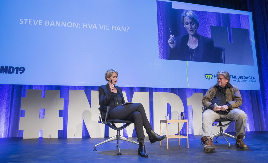 Bergen 20190509.
Steve Bannon deltar under nordiske mediedager i Bergen. Han intervjues av Aftenpostens USA-korrespondent Christina Pletten.
Foto: Terje Pedersen / NTB Bergen 20190509.
Steve Bannon deltar under nordiske mediedager i Bergen. Han intervjues av Aftenpostens USA-korrespondent Christina Pletten.
Foto: Terje Pedersen / NTB