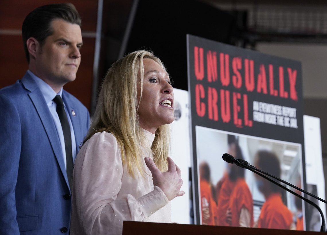 Rep. Marjorie Taylor Greene, R-Ga., joined at left by Rep. Matt Gaetz, R-Fla., speaks at a news conference about the treatment of people being held in the District of Columbia jail who are charged with crimes in the Jan. 6 insurrection, at the Capitol in Washington, Tuesday, Dec. 7, 2021. (AP Photo/J. Scott Applewhite) Rep. Marjorie Taylor Greene, R-Ga., joined at left by Rep. Matt Gaetz, R-Fla., speaks at a news conference about the treatment of people being held in the District of Columbia jail who are charged with crimes in the Jan. 6 insurrection, at the Capitol in Washington, Tuesday, Dec. 7, 2021. (AP Photo/J. Scott Applewhite)