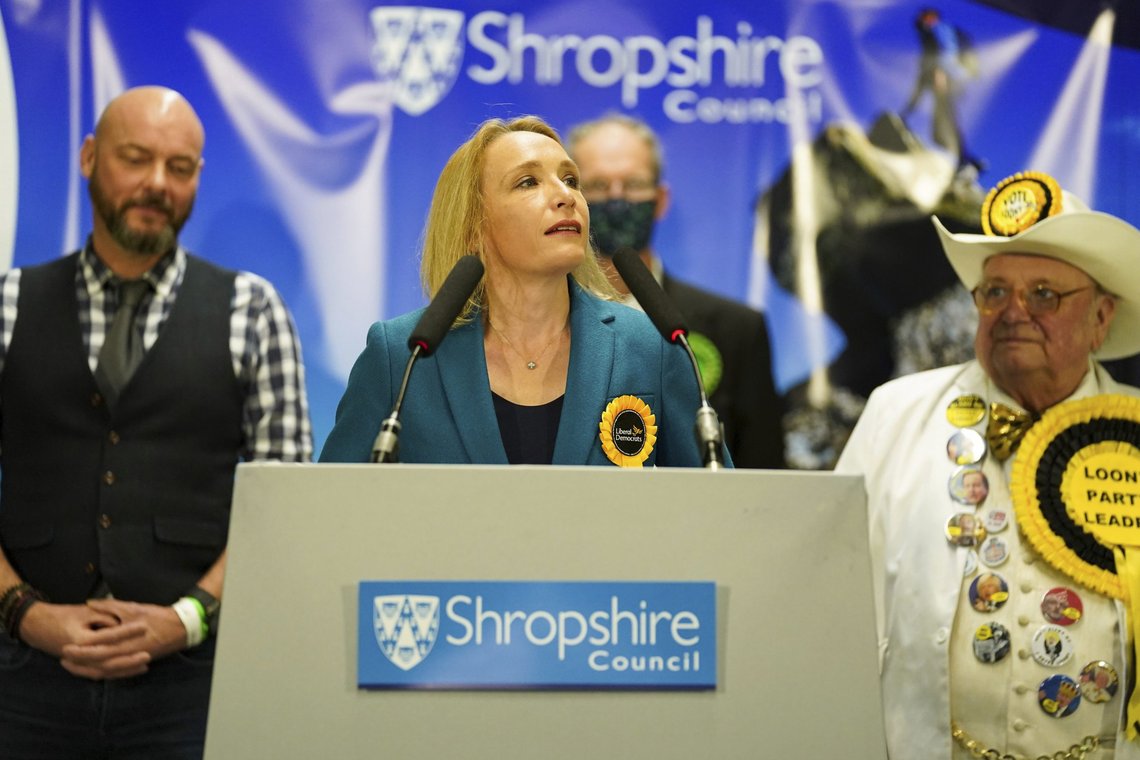 Helen Morgan of the Liberal Democrats makes a speech after being declared the winner in the North Shropshire by-election in Shrewsbury, England early Friday Dec. 17, 2021. The Liberal Democrats overturned an almost 23,000 Conservative majority to win the special election that was sparked by the resignation of Owen Paterson, a result that heaps further pressure on British Prime Minister Boris Johnson. (Jacob King/PA via AP) Helen Morgan of the Liberal Democrats makes a speech after being declared the winner in the North Shropshire by-election in Shrewsbury, England early Friday Dec. 17, 2021. The Liberal Democrats overturned an almost 23,000 Conservative majority to win the special election that was sparked by the resignation of Owen Paterson, a result that heaps further pressure on British Prime Minister Boris Johnson. (Jacob King/PA via AP)