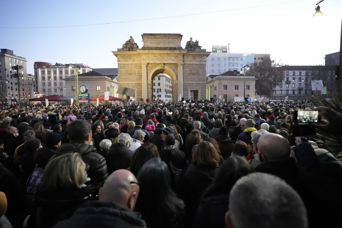 People stage a protest against the COVID-19 vaccination Green Pass, in Milan, Italy Saturday, Jan. 15, 2022. The Green Pass is Italy's health pass, which shows proof of vaccination, a recent negative test or having previously been infected with COVID-19, and is needed to be able to work, use public transport and most social activities. (AP Photo/Luca Bruno) People stage a protest against the COVID-19 vaccination Green Pass, in Milan, Italy Saturday, Jan. 15, 2022. The Green Pass is Italy's health pass, which shows proof of vaccination, a recent negative test or having previously been infected with COVID-19, and is needed to be able to work, use public transport and most social activities. (AP Photo/Luca Bruno)