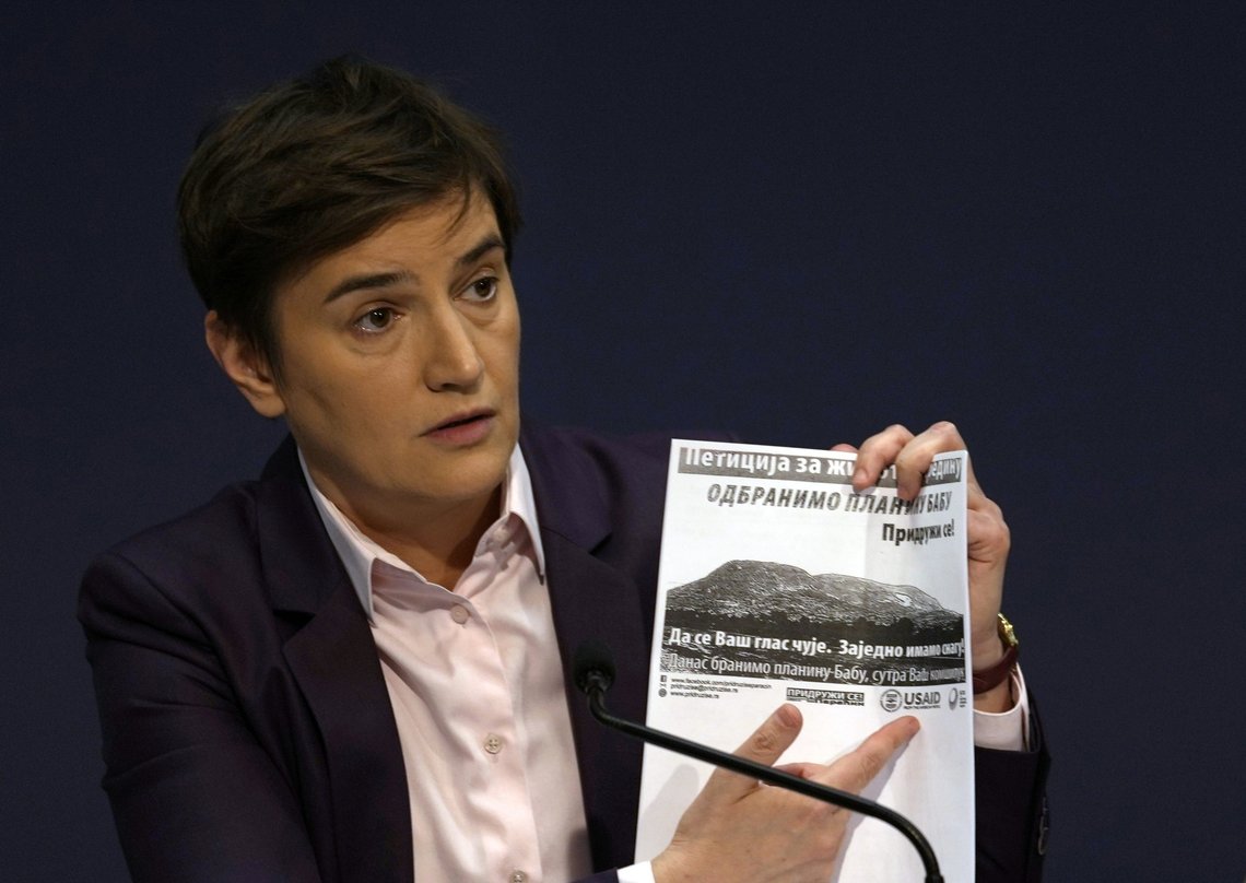 Serbian Prime Minister Ana Brnabic speaks during a press conference in Belgrade, Serbia, Thursday, Jan. 20, 2022. Trying to defuse protests by environmentalists, Serbia's populist government declared Thursday it is canceling all rights that would help mining giant Rio Tinto launch a lithium mine in the Balkan country. (AP Photo/Darko Vojinovic) Serbian Prime Minister Ana Brnabic speaks during a press conference in Belgrade, Serbia, Thursday, Jan. 20, 2022. Trying to defuse protests by environmentalists, Serbia's populist government declared Thursday it is canceling all rights that would help mining giant Rio Tinto launch a lithium mine in the Balkan country. (AP Photo/Darko Vojinovic)