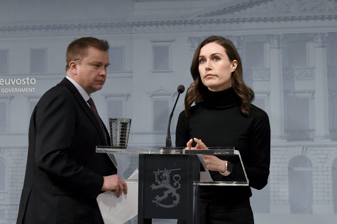 Finland's Prime Minister Sanna Marin, right, and Defence Minister Antti Kaikkonen attend a press conference of the Finnish government in Helsinki, Monday, Feb. 28, 2022. Finland has decided to deliver arms assistance to Ukraine. (Jussi Nukari/Lehtikuva via AP) Finland's Prime Minister Sanna Marin, right, and Defence Minister Antti Kaikkonen attend a press conference of the Finnish government in Helsinki, Monday, Feb. 28, 2022. Finland has decided to deliver arms assistance to Ukraine. (Jussi Nukari/Lehtikuva via AP)