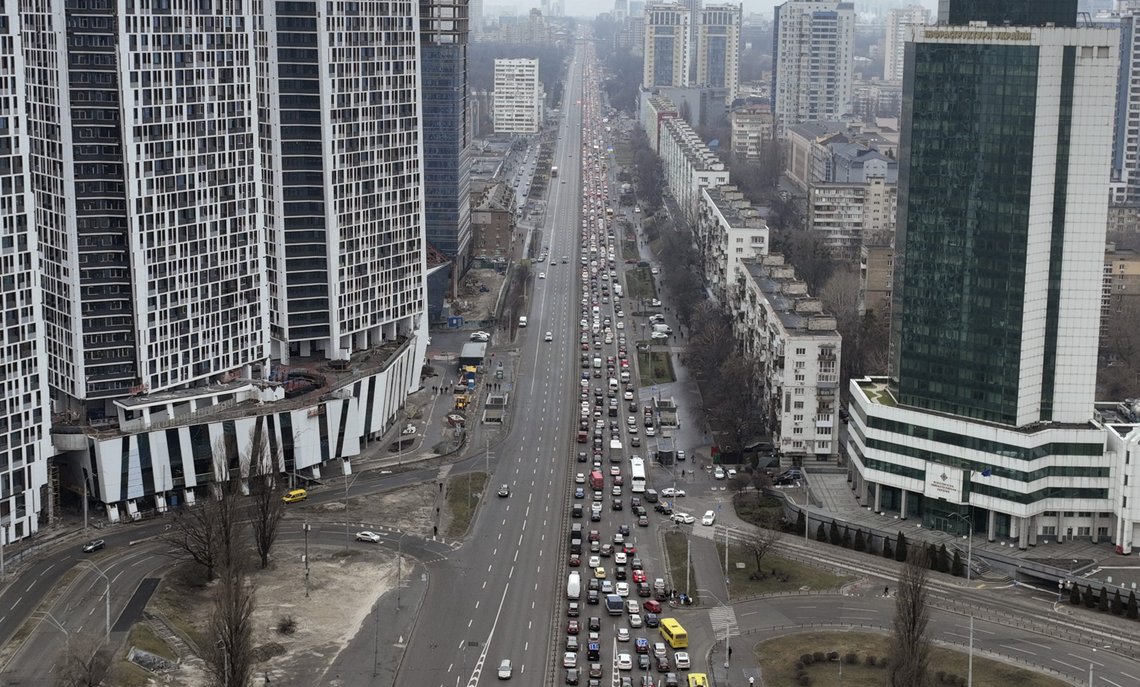Traffic jams are seen as people leave the city of Kyiv, Ukraine, Thursday, Feb. 24, 2022. Russian President Vladimir Putin on Thursday announced a military operation in Ukraine and warned other countries that any attempt to interfere with the Russian action would lead to "consequences you have never seen." (AP Photo/Emilio Morenatti) Traffic jams are seen as people leave the city of Kyiv, Ukraine, Thursday, Feb. 24, 2022. Russian President Vladimir Putin on Thursday announced a military operation in Ukraine and warned other countries that any attempt to interfere with the Russian action would lead to "consequences you have never seen." (AP Photo/Emilio Morenatti)