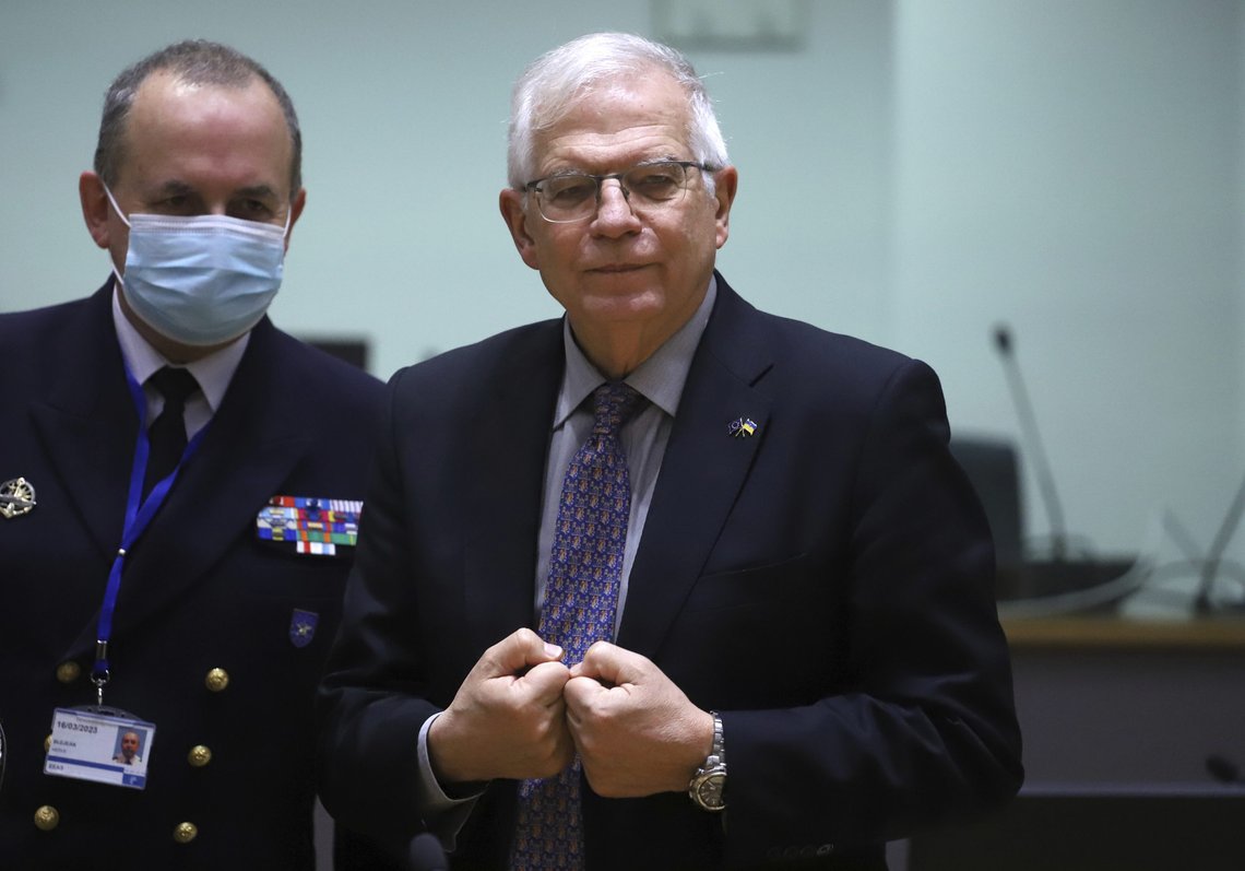 European Union foreign policy chief Josep Borrell, right, speaks with Director-General of the European Union Military Staff Herve Blejean during a meeting of EU foreign ministers in Brussels, Friday, Feb. 25, 2022. EU leaders, at a meeting on Thursday, agreed on further restrictive measures following Russia's military aggression against Ukraine. EU foreign affairs ministers meet in Brussels on Friday to proceed with the adoption of these restrictive measures. (AP Photo/Valeria Mongelli) European Union foreign policy chief Josep Borrell, right, speaks with Director-General of the European Union Military Staff Herve Blejean during a meeting of EU foreign ministers in Brussels, Friday, Feb. 25, 2022. EU leaders, at a meeting on Thursday, agreed on further restrictive measures following Russia's military aggression against Ukraine. EU foreign affairs ministers meet in Brussels on Friday to proceed with the adoption of these restrictive measures. (AP Photo/Valeria Mongelli)