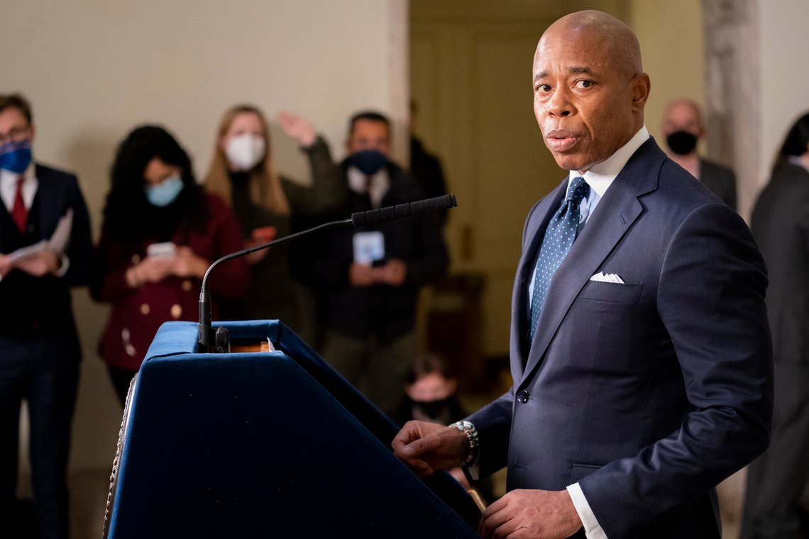 FILE - New York City Mayor Eric Adams speaks during a news conference at City Hall, Jan. 24, 2022, in New York. Gun violence that has been rising since the pandemic is spiking anew, and beleaguered cities are struggling with how to manage it. President Joe Biden is heading to one of them, New York, this week. Biden will be meeting with Mayor Eric Adams, a former New York City police captain. (AP Photo/John Minchillo, File) FILE - New York City Mayor Eric Adams speaks during a news conference at City Hall, Jan. 24, 2022, in New York. Gun violence that has been rising since the pandemic is spiking anew, and beleaguered cities are struggling with how to manage it. President Joe Biden is heading to one of them, New York, this week. Biden will be meeting with Mayor Eric Adams, a former New York City police captain. (AP Photo/John Minchillo, File)