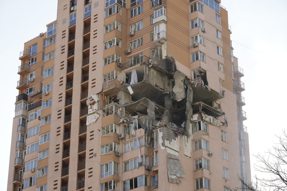 An apartment building damaged following a rocket attack on the city of Kyiv, Ukraine, Saturday, Feb. 26, 2022. Russian troops stormed toward Ukraine's capital Saturday, and street fighting broke out as city officials urged residents to take shelter. (AP Photo/Efrem Lukatsky) An apartment building damaged following a rocket attack on the city of Kyiv, Ukraine, Saturday, Feb. 26, 2022. Russian troops stormed toward Ukraine's capital Saturday, and street fighting broke out as city officials urged residents to take shelter. (AP Photo/Efrem Lukatsky)