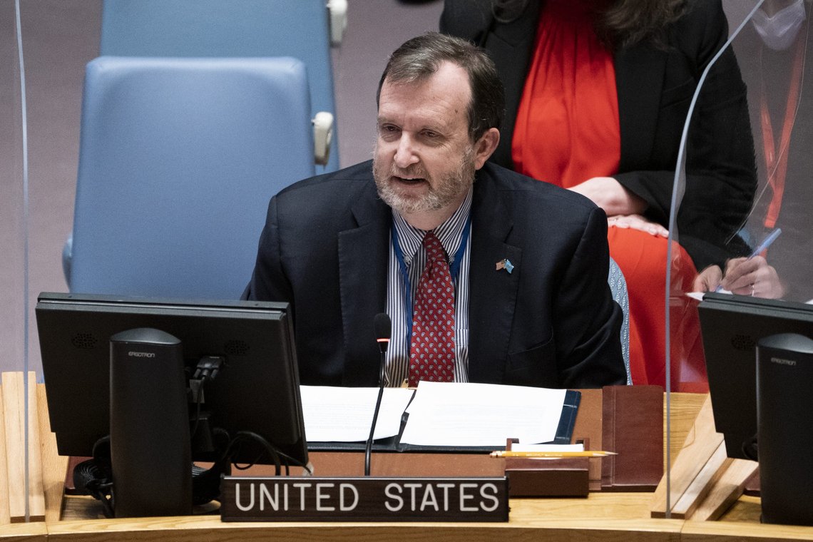 Richard M. Mills, Jr., deputy representative of the United States to the United Nations, speaks during a meeting of the security council, Monday, Feb. 28, 2022, at United Nations headquarters. (AP Photo/John Minchillo) Richard M. Mills, Jr., deputy representative of the United States to the United Nations, speaks during a meeting of the security council, Monday, Feb. 28, 2022, at United Nations headquarters. (AP Photo/John Minchillo)