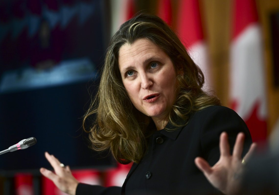Canada's Deputy Prime Minister Chrystia Freeland holds a press conference on COVID-19 in Ottawa, Ontario on Monday, Nov. 23, 2020. (Sean Kilpatrick/The Canadian Press via AP) Canada's Deputy Prime Minister Chrystia Freeland holds a press conference on COVID-19 in Ottawa, Ontario on Monday, Nov. 23, 2020. (Sean Kilpatrick/The Canadian Press via AP)