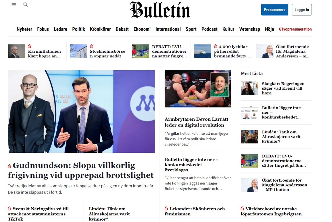 Forsiden av nettavisen Bulletin, som i dag er slått konkurs i Stocholm tingrett. Faksimile Forsiden av nettavisen Bulletin, som i dag er slått konkurs i Stocholm tingrett. Faksimile