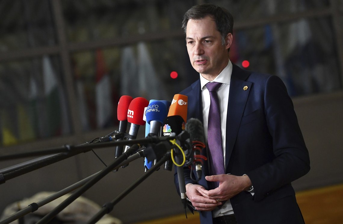 Belgium's Prime Minister Alexander De Croo speaks with the media as he arrives for an extraordinary EU summit on Ukraine at the European Council building in Brussels, Thursday, Feb 24, 2022. Russia launched a wide ranging attack on Ukraine on Thursday, hitting cities and bases with airstrikes or shelling, as civilians piled into trains and cars to flee. (John Thys, Pool Photo via AP) Belgium's Prime Minister Alexander De Croo speaks with the media as he arrives for an extraordinary EU summit on Ukraine at the European Council building in Brussels, Thursday, Feb 24, 2022. Russia launched a wide ranging attack on Ukraine on Thursday, hitting cities and bases with airstrikes or shelling, as civilians piled into trains and cars to flee. (John Thys, Pool Photo via AP)