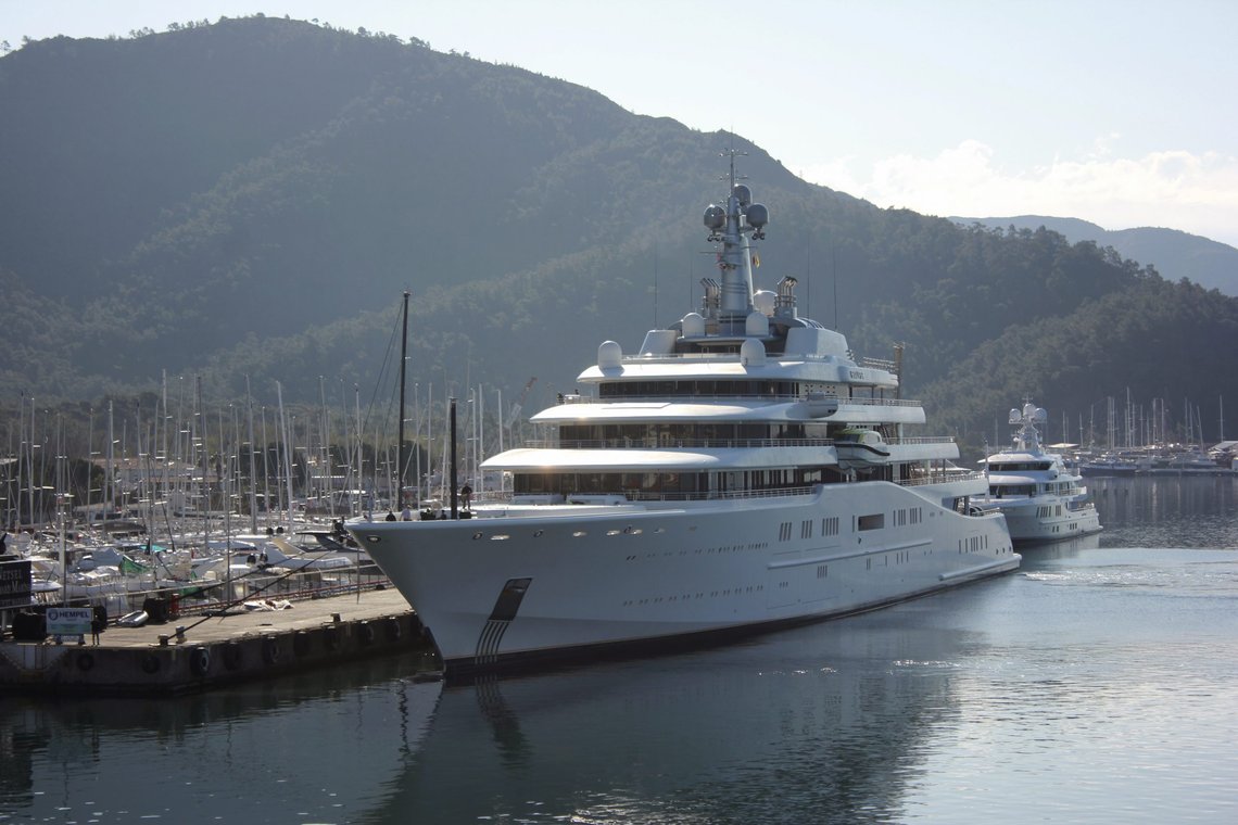 A view of Eclipse, a luxury yacht reported to belong to Russian businessman Roman Abramovich, docked at a port in the resort of Marmaris, Turkey, Tuesday, March 22, 2022. Turkish media reports say a second superyacht belonging to Chelsea soccer club owner and sanctioned Russian oligarch Roman Abramovich has docked in a resort in southwestern Turkey. The private DHA news agency said the Bermuda-registered Eclipse docked at a port in the resort of Marmaris on Tuesday. (IHA via AP) A view of Eclipse, a luxury yacht reported to belong to Russian businessman Roman Abramovich, docked at a port in the resort of Marmaris, Turkey, Tuesday, March 22, 2022. Turkish media reports say a second superyacht belonging to Chelsea soccer club owner and sanctioned Russian oligarch Roman Abramovich has docked in a resort in southwestern Turkey. The private DHA news agency said the Bermuda-registered Eclipse docked at a port in the resort of Marmaris on Tuesday. (IHA via AP)