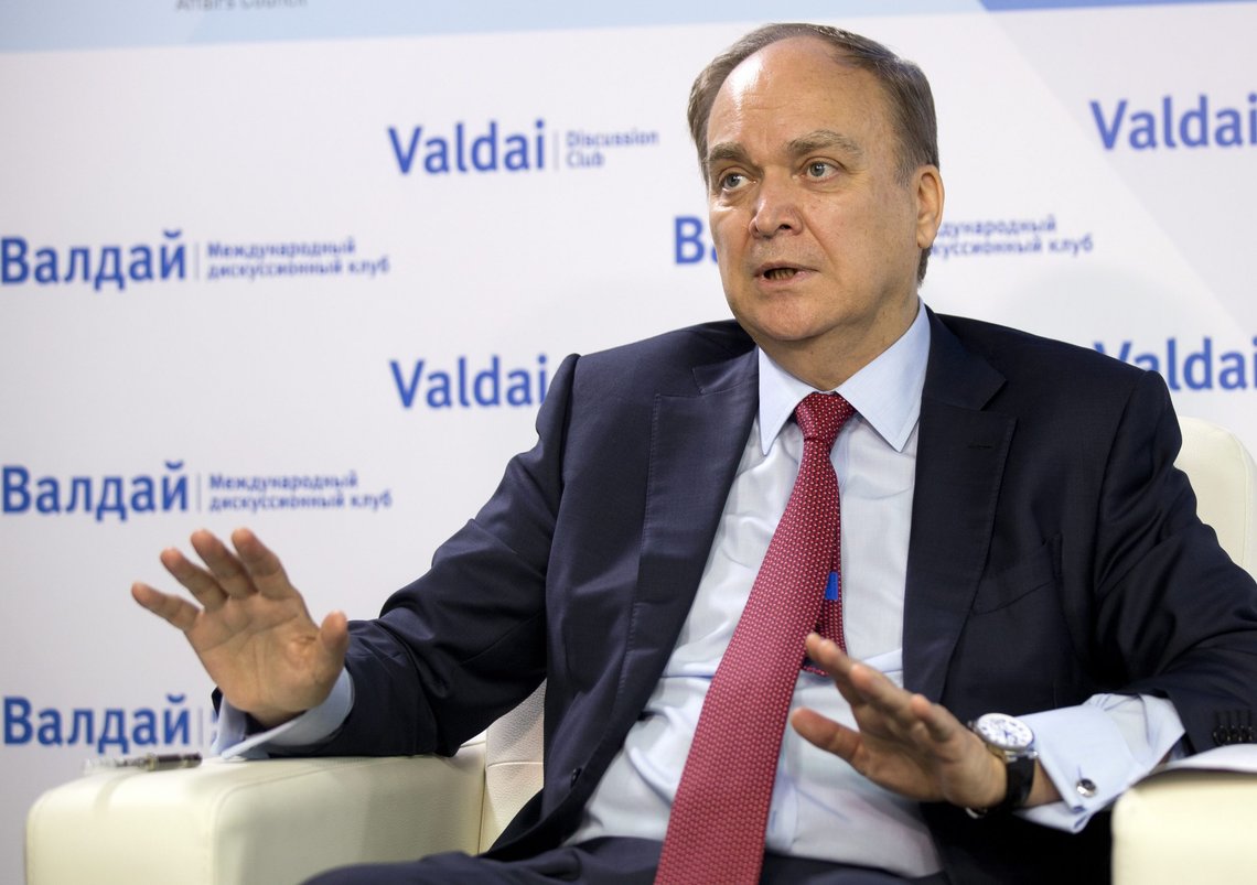 Anatoly Antonov, Russian ambassador to the U.S. gestures while speaking during a round-table discussion on the Trump-Putin summit in Helsinki in Moscow, Russia, Friday, July 20, 2018. Russia's ambassador to the U.S. says Moscow is ready to discuss a possible visit by President Vladimir Putin to Washington after an invitation from U.S. President Donald Trump. (AP Photo/Alexander Zemlianichenko) Anatoly Antonov, Russian ambassador to the U.S. gestures while speaking during a round-table discussion on the Trump-Putin summit in Helsinki in Moscow, Russia, Friday, July 20, 2018. Russia's ambassador to the U.S. says Moscow is ready to discuss a possible visit by President Vladimir Putin to Washington after an invitation from U.S. President Donald Trump. (AP Photo/Alexander Zemlianichenko)