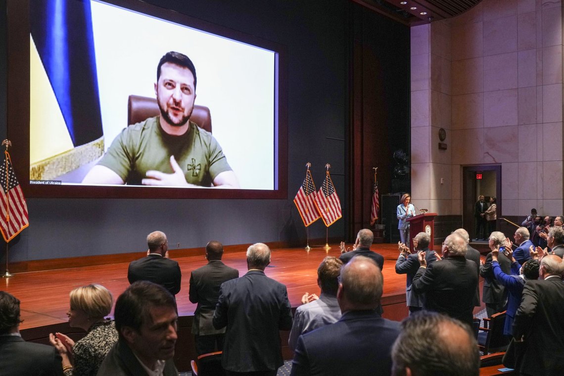 Members of Congress give Ukraine President Volodymyr Zelensky a standing ovation before he speaks in a virtual address to Congress in the U.S. Capitol Visitors Center Congressional Auditorium in Washington, Wednesday, March 16, 2022. (Sarahbeth Maney/The New York Times via AP, Pool) Members of Congress give Ukraine President Volodymyr Zelensky a standing ovation before he speaks in a virtual address to Congress in the U.S. Capitol Visitors Center Congressional Auditorium in Washington, Wednesday, March 16, 2022. (Sarahbeth Maney/The New York Times via AP, Pool)