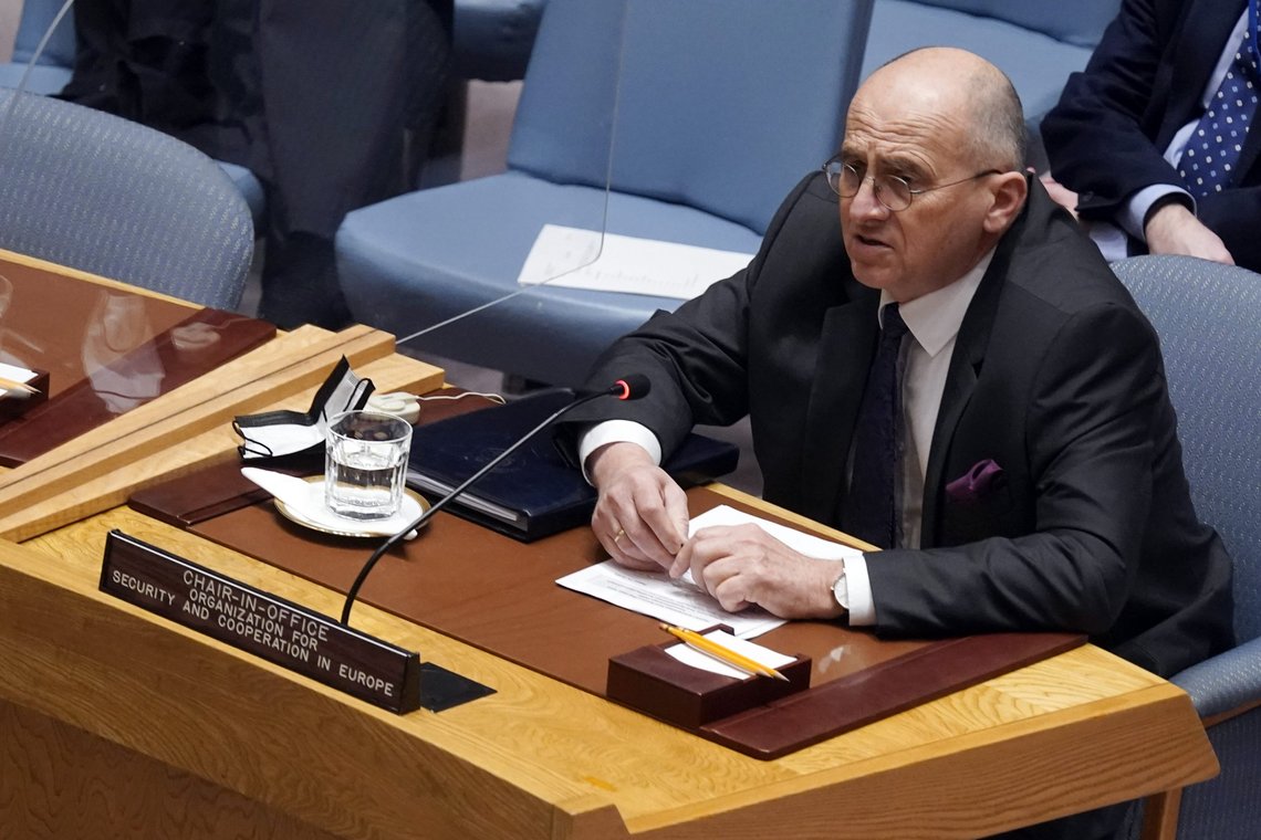 Poland's Foreign Minister Zbigniew Rau, current chair of the Organization for Security and Cooperation in Europe, addresses the UN Security Council, Monday, March 14, 2022. (AP Photo/Richard Drew) Poland's Foreign Minister Zbigniew Rau, current chair of the Organization for Security and Cooperation in Europe, addresses the UN Security Council, Monday, March 14, 2022. (AP Photo/Richard Drew)