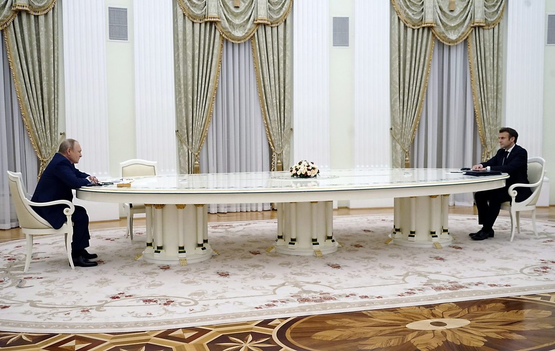 FILE - Russian President Vladimir Putin, left, listens to French President Emmanuel Macron during their meeting in the Kremlin in Moscow, Russia, Feb. 7, 2022. With Russia carrying out a massive military buildup near Ukraine and the West roundly rejecting Moscow’s security demands, a window for diplomacy in the crisis appears to be closing. But even as Moscow continues to bolster its forces and holds sweeping war games, President Vladimir Putin is keeping the window open for more negotiations in a calculated game of brinkmanship intended to persuade Washington and its allies to accept Russia's demands. (Sputnik, Kremlin Pool Photo via AP, File) FILE - Russian President Vladimir Putin, left, listens to French President Emmanuel Macron during their meeting in the Kremlin in Moscow, Russia, Feb. 7, 2022. With Russia carrying out a massive military buildup near Ukraine and the West roundly rejecting Moscow’s security demands, a window for diplomacy in the crisis appears to be closing. But even as Moscow continues to bolster its forces and holds sweeping war games, President Vladimir Putin is keeping the window open for more negotiations in a calculated game of brinkmanship intended to persuade Washington and its allies to accept Russia's demands. (Sputnik, Kremlin Pool Photo via AP, File)