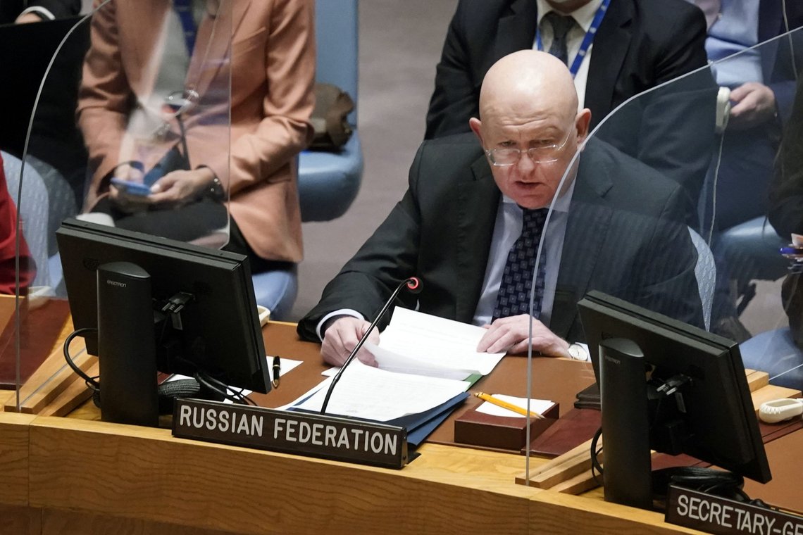 Russia's UN Ambassador Vasily Nebenzya addresses the UN Security Council, Friday, March 4, 2022. The U.N. Security Council has scheduled an emergency open meeting on the attack on Ukraine's largest nuclear power plant. (AP Photo/Richard Drew) Russia's UN Ambassador Vasily Nebenzya addresses the UN Security Council, Friday, March 4, 2022. The U.N. Security Council has scheduled an emergency open meeting on the attack on Ukraine's largest nuclear power plant. (AP Photo/Richard Drew)