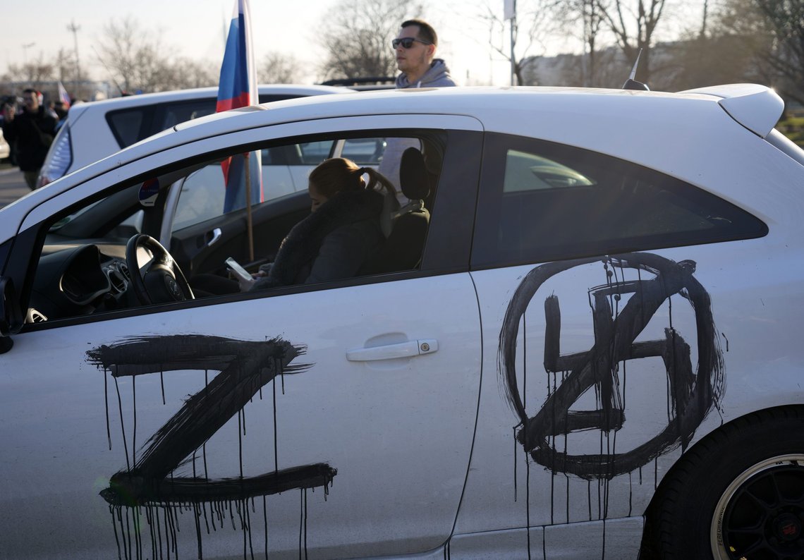 A sticker with a letter Z is seen on a car during a rally in support of Russia in Belgrade, Serbia, Sunday, March 13, 2022. Despite formally seeking EU membership, Serbia has refused to introduce international sanctions against its ally Russia. EU officials have repeatedly warned Serbia that it will have to align itself with the bloc's foreign policies if it wants to join. (AP Photo/Darko Vojinovic) A sticker with a letter Z is seen on a car during a rally in support of Russia in Belgrade, Serbia, Sunday, March 13, 2022. Despite formally seeking EU membership, Serbia has refused to introduce international sanctions against its ally Russia. EU officials have repeatedly warned Serbia that it will have to align itself with the bloc's foreign policies if it wants to join. (AP Photo/Darko Vojinovic)