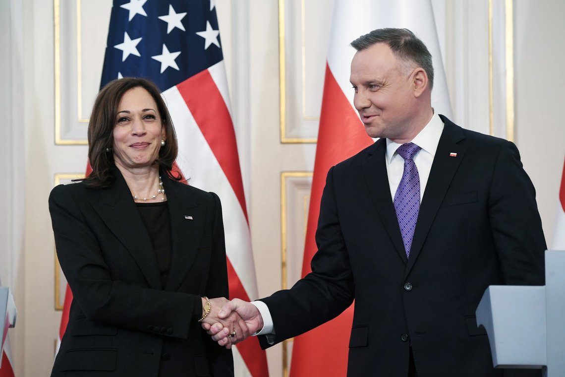 Polish President Andrzej Duda, right, shakes hands with US Vice President Kamala Harris on the occasion of their meeting at Belwelder Palace, in Warsaw, Poland, Thursday, March 10, 2022. (Saul Loeb/Pool Photo via AP) Polish President Andrzej Duda, right, shakes hands with US Vice President Kamala Harris on the occasion of their meeting at Belwelder Palace, in Warsaw, Poland, Thursday, March 10, 2022. (Saul Loeb/Pool Photo via AP)