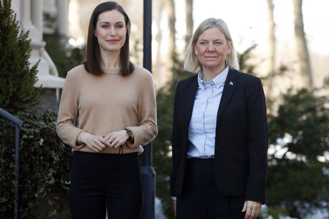 Finnish Prime Minister Sanna Marin, left, welcomes her Swedish counterpart Magdalena Andersson at the Prime Minister's official residence Kes'ranta in Helsinki, Finland, Saturday, March 5, 2022. (Roni Rekomaa/Lehtikuva via AP) Finnish Prime Minister Sanna Marin, left, welcomes her Swedish counterpart Magdalena Andersson at the Prime Minister's official residence Kes'ranta in Helsinki, Finland, Saturday, March 5, 2022. (Roni Rekomaa/Lehtikuva via AP)