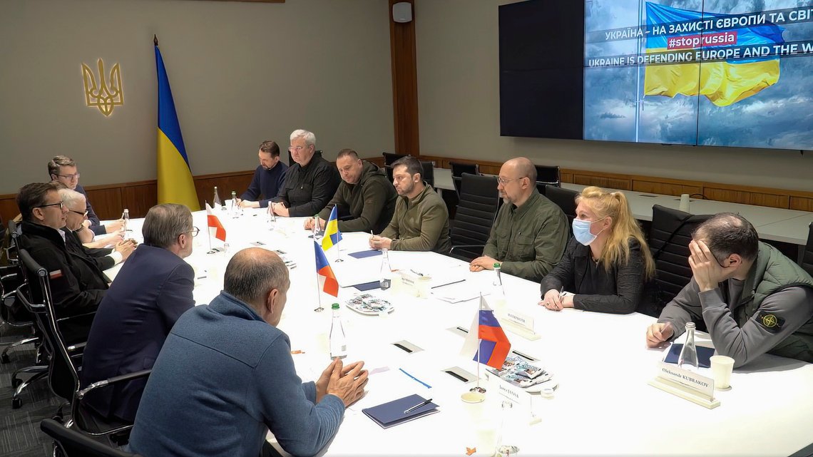 In this image from video provided by the Ukrainian Presidential Press Office, Ukrainian President Volodymyr Zelenskyy speaks during a meeting with Slovenia Prime Minister Janez Jansa, Czech Republic Prime Minister Petr Fiala, Polish Prime Minister Mateusz Morawiecki and Polish Deputy Prime Minister Jaroslaw Kaczynski on behalf of the European Council, in Kyiv, Ukraine, on Tuesday, March 15, 2022. (Ukrainian Presidential Press Office via AP) In this image from video provided by the Ukrainian Presidential Press Office, Ukrainian President Volodymyr Zelenskyy speaks during a meeting with Slovenia Prime Minister Janez Jansa, Czech Republic Prime Minister Petr Fiala, Polish Prime Minister Mateusz Morawiecki and Polish Deputy Prime Minister Jaroslaw Kaczynski on behalf of the European Council, in Kyiv, Ukraine, on Tuesday, March 15, 2022. (Ukrainian Presidential Press Office via AP)