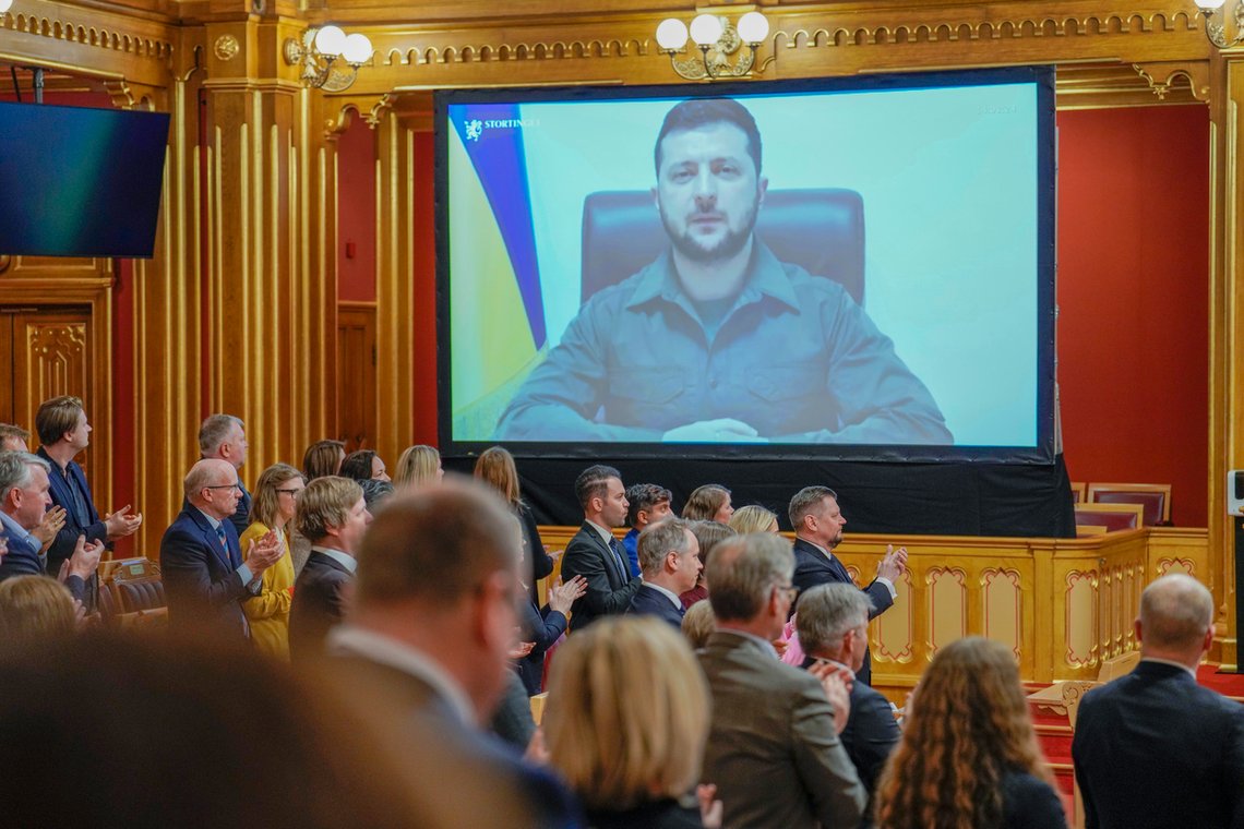 Ukrainas president Volodymyr Zelenskyj taler til Stortinget. Foto: Heiko Junge / POOL / NTB Ukrainas president Volodymyr Zelenskyj taler til Stortinget. Foto: Heiko Junge / POOL / NTB
