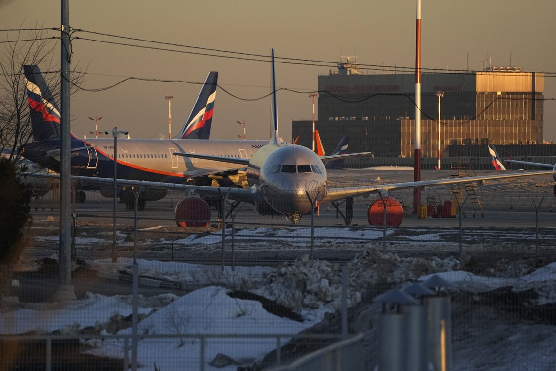 Aeroflot's passengers planes are parked at Sheremetyevo airport, outside Moscow, Russia, Tuesday, March 1, 2022. Russia's largest airline, Aeroflot, said Monday that it suspended flights to New York, Washington, Miami and Los Angeles through Wednesday because Canada has closed its airspace to Russian planes. On Sunday, the European Union and Canada announced they were closing their airspace to Russian airlines and private planes owned by wealthy Russians. (AP Photo/Pavel Golovkin) Aeroflot's passengers planes are parked at Sheremetyevo airport, outside Moscow, Russia, Tuesday, March 1, 2022. Russia's largest airline, Aeroflot, said Monday that it suspended flights to New York, Washington, Miami and Los Angeles through Wednesday because Canada has closed its airspace to Russian planes. On Sunday, the European Union and Canada announced they were closing their airspace to Russian airlines and private planes owned by wealthy Russians. (AP Photo/Pavel Golovkin)