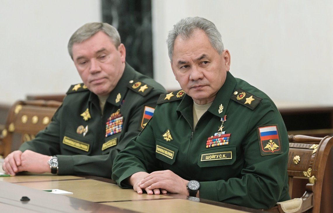 Russian Defense Minister Sergei Shoigu, right, and Head of the General Staff of the Armed Forces of Russia and First Deputy Defense Minister Valery Gerasimov listen to Russian President Vladimir Putin during their meeting in Moscow, Russia, Sunday, Feb. 27, 2022. Putin has ordered Russian nuclear forces on high alert amid tensions with the West over his invasion of Ukraine. (Alexei Nikolsky, Sputnik, Kremlin Pool Photo via AP) Russian Defense Minister Sergei Shoigu, right, and Head of the General Staff of the Armed Forces of Russia and First Deputy Defense Minister Valery Gerasimov listen to Russian President Vladimir Putin during their meeting in Moscow, Russia, Sunday, Feb. 27, 2022. Putin has ordered Russian nuclear forces on high alert amid tensions with the West over his invasion of Ukraine. (Alexei Nikolsky, Sputnik, Kremlin Pool Photo via AP)