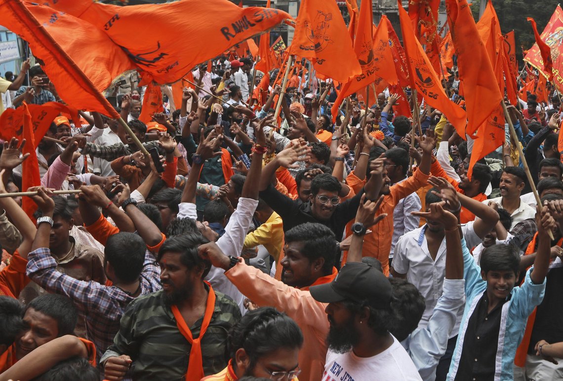Hindus participate in a religious procession to mark the Hanuman Jayanti festival in Hyderabad, India, Saturday, April 16, 2022. India’s hardline Hindu nationalists have long espoused an anti-Muslim stance, but attacks against the minority community have recently occurred more frequently. In many cases, hate-filled and provocative songs that are blared through speakers during Hindu festivals have become a precursor to this violence. (AP Photo/Mahesh Kumar A.) Hindus participate in a religious procession to mark the Hanuman Jayanti festival in Hyderabad, India, Saturday, April 16, 2022. India’s hardline Hindu nationalists have long espoused an anti-Muslim stance, but attacks against the minority community have recently occurred more frequently. In many cases, hate-filled and provocative songs that are blared through speakers during Hindu festivals have become a precursor to this violence. (AP Photo/Mahesh Kumar A.)