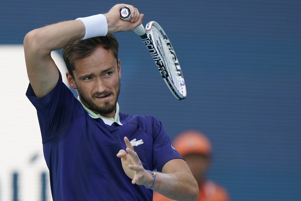 Daniil Medvedev of Russia returns a shot from Jenson Brooksby, during the Miami Open tennis tournament, Tuesday, March 29, 2022, in Miami Gardens, Fla. (AP Photo/Wilfredo Lee) Daniil Medvedev of Russia returns a shot from Jenson Brooksby, during the Miami Open tennis tournament, Tuesday, March 29, 2022, in Miami Gardens, Fla. (AP Photo/Wilfredo Lee)