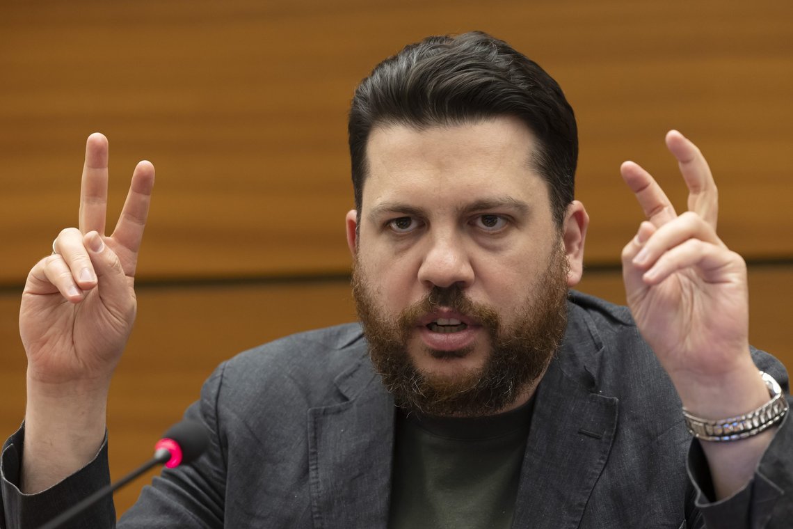 CORRECTS NAME - Leonid Volkov, Russian opposition activist and Chief of staff to Alexei Novalny, delivers his speech, during a preview of the Geneva Summit for Human Rights, at the European headquarters of the United Nations in Geneva, Switzerland, Tuesday, April 5, 2022. (Salvatore Di Nolfi/Keystone via AP) CORRECTS NAME - Leonid Volkov, Russian opposition activist and Chief of staff to Alexei Novalny, delivers his speech, during a preview of the Geneva Summit for Human Rights, at the European headquarters of the United Nations in Geneva, Switzerland, Tuesday, April 5, 2022. (Salvatore Di Nolfi/Keystone via AP)