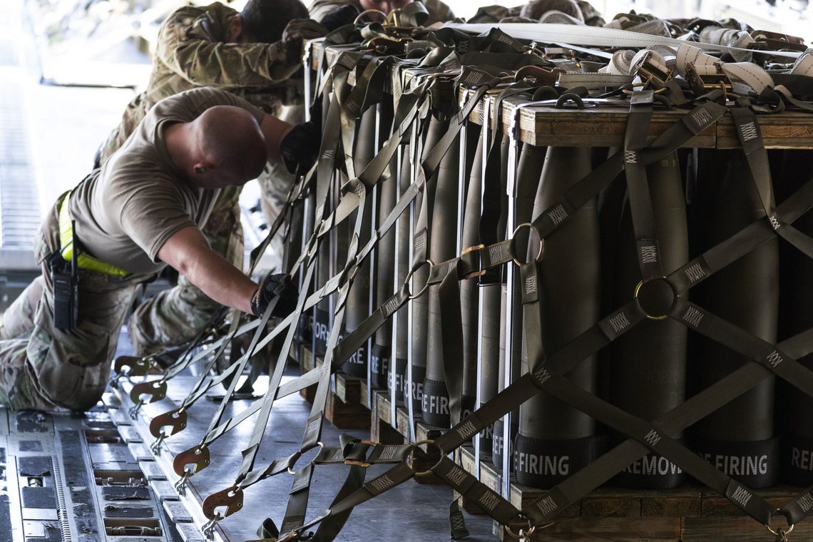 Airmen push over 8,000 pounds of 155 mm shells ultimately bound for Ukraine on to a C-17 aircraft for transport, Friday, April 29, 2022, at Dover Air Force Base, Del. President Joe Biden asked Congress on Thursday for $33 billion to bolster Ukraine's fight against Russia, signaling a burgeoning and long-haul American commitment . (AP Photo/Alex Brandon) Airmen push over 8,000 pounds of 155 mm shells ultimately bound for Ukraine on to a C-17 aircraft for transport, Friday, April 29, 2022, at Dover Air Force Base, Del. President Joe Biden asked Congress on Thursday for $33 billion to bolster Ukraine's fight against Russia, signaling a burgeoning and long-haul American commitment . (AP Photo/Alex Brandon)