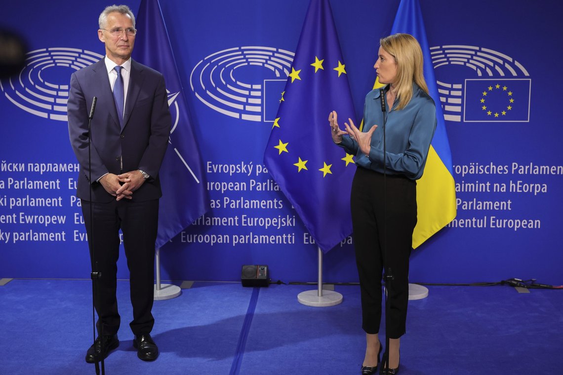 NATO Secretary General Jens Stoltenberg, left, and European Parliament President Roberta Metsola deliver a statement to the media prior to a meeting at the European Parliament in Brussels, Thursday, April 28, 2022. (AP Photo/Olivier Matthys) NATO Secretary General Jens Stoltenberg, left, and European Parliament President Roberta Metsola deliver a statement to the media prior to a meeting at the European Parliament in Brussels, Thursday, April 28, 2022. (AP Photo/Olivier Matthys)