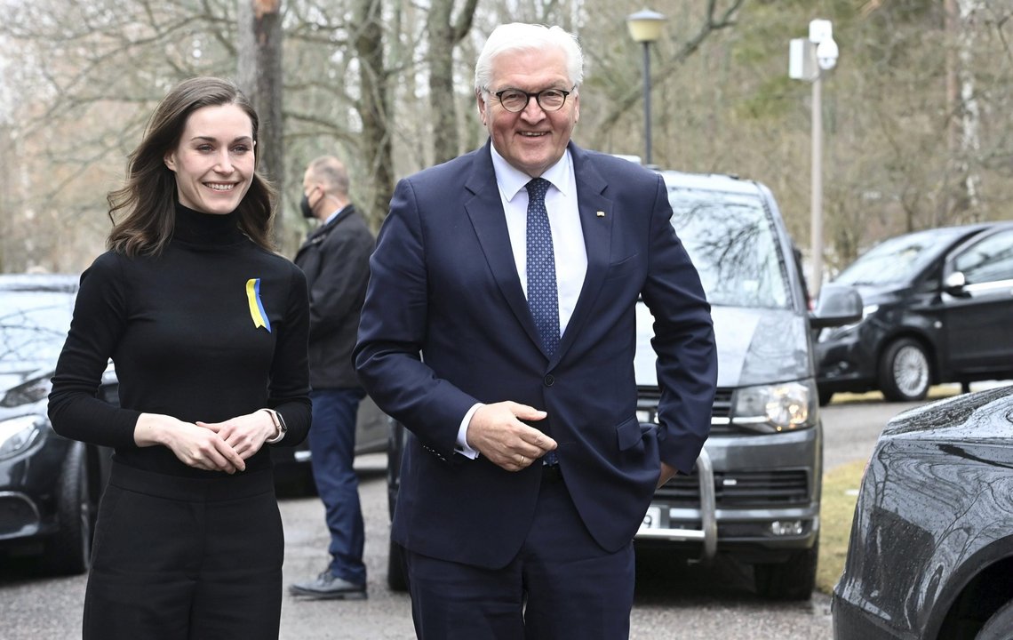 German President Frank-Walter Steinmeier, right, and Finnish Prime Minister Sanna Marin meet at the Prime Minister's official residence Kes'ranta in Helsinki, Finland, Friday, April 8, 2022. (Heikki Saukkomaa/Lehtikuva via AP) German President Frank-Walter Steinmeier, right, and Finnish Prime Minister Sanna Marin meet at the Prime Minister's official residence Kes'ranta in Helsinki, Finland, Friday, April 8, 2022. (Heikki Saukkomaa/Lehtikuva via AP)