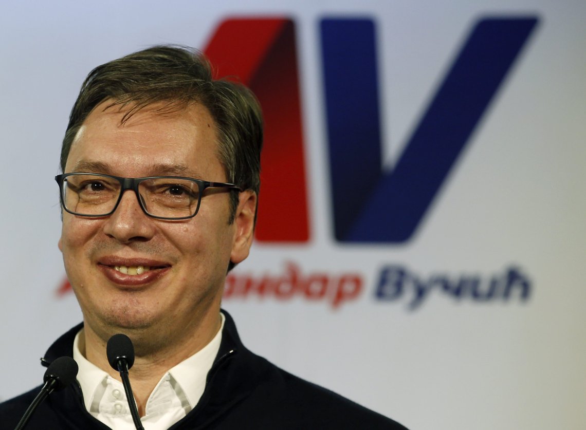 Serbian Prime Minister and presidential candidate Aleksandar Vucic, smiles during a press conference after claiming victory in the presidential election, in Belgrade, Serbia, Sunday, April 2, 2017. Vucic claimed victory Sunday in the presidential election that was a test of his authoritarian rule amid growing Russian influence in the Balkan region. (AP Photo/Darko Vojinovic) Serbian Prime Minister and presidential candidate Aleksandar Vucic, smiles during a press conference after claiming victory in the presidential election, in Belgrade, Serbia, Sunday, April 2, 2017. Vucic claimed victory Sunday in the presidential election that was a test of his authoritarian rule amid growing Russian influence in the Balkan region. (AP Photo/Darko Vojinovic)
