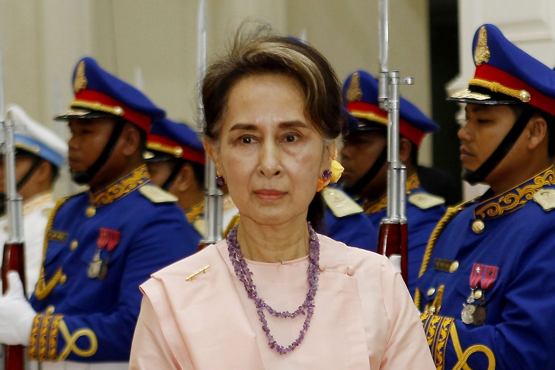FILE - Myanmar's State Counselor Aung San Suu Kyi reviews an honor guard at the Peace Palace in Phnom Penh, Cambodia on April 30, 2019. A court in military-ruled Myanmar on Tuesday, April 26, 2022, postponed by a day delivering a verdict on the first of almost a dozen corruption cases filed against the country’s former leader, Aung San Suu Kyi. (AP Photo/Heng Sinith, File) FILE - Myanmar's State Counselor Aung San Suu Kyi reviews an honor guard at the Peace Palace in Phnom Penh, Cambodia on April 30, 2019. A court in military-ruled Myanmar on Tuesday, April 26, 2022, postponed by a day delivering a verdict on the first of almost a dozen corruption cases filed against the country’s former leader, Aung San Suu Kyi. (AP Photo/Heng Sinith, File)