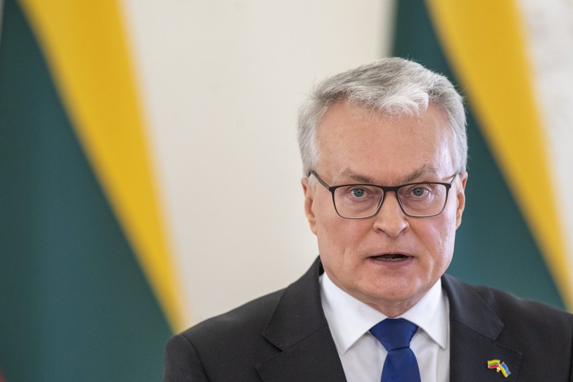 Lithuanian President Gitanas Nauseda speaks during a joint media conference with Denmark's Prime Minister Mette Frederiksen at the President's palace in Vilnius, Lithuania, Thursday, March 31, 2022. (AP Photo/Mindaugas Kulbis) Lithuanian President Gitanas Nauseda speaks during a joint media conference with Denmark's Prime Minister Mette Frederiksen at the President's palace in Vilnius, Lithuania, Thursday, March 31, 2022. (AP Photo/Mindaugas Kulbis)