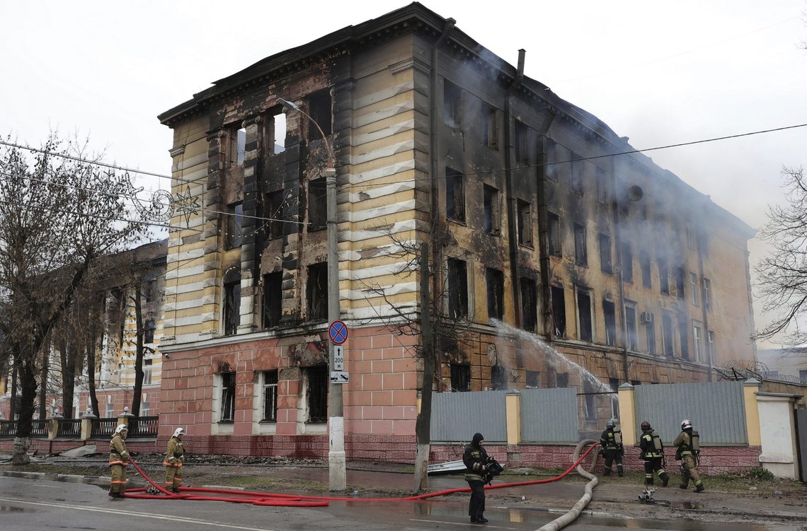 Firefighters hose down the burning building of the Central Research Institute of the Aerospace Defense Forces in the Russian city of Tver, Russia, Thursday, April 21, 2022. The press service of the local administration announced later in a statement that six people were killed and at least 27 were injured and over 10 people may be still trapped inside the building. (Vitaliy Smolnikov/Kommersant Publishing House via AP) RUSSIA OUT Firefighters hose down the burning building of the Central Research Institute of the Aerospace Defense Forces in the Russian city of Tver, Russia, Thursday, April 21, 2022. The press service of the local administration announced later in a statement that six people were killed and at least 27 were injured and over 10 people may be still trapped inside the building. (Vitaliy Smolnikov/Kommersant Publishing House via AP) RUSSIA OUT