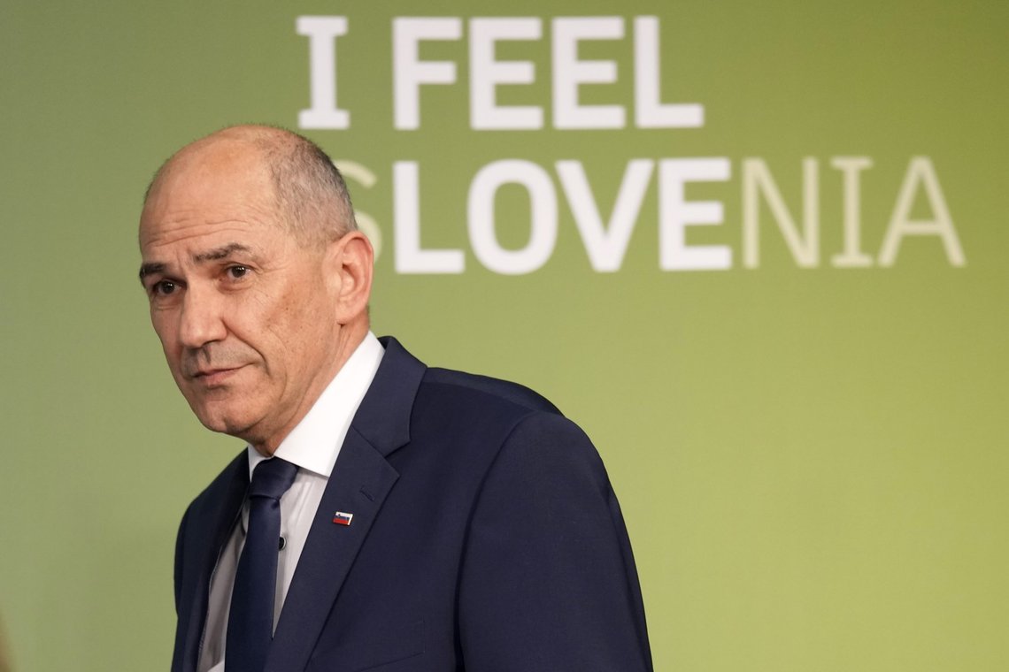 Outgoing Slovenian Prime Minister Janez Jansa walks on a stage to address the media in Ljubljana, Slovenia, Sunday, April 24, 2022. Early official results of Sunday's parliamentary election in Slovenia show that an opposition liberal party convincingly won, in a major defeat for populist Prime Minister Janez Jansa, who was accused of pushing the small European Union country to the right while in office. (AP Photo/Darko Bandic) Outgoing Slovenian Prime Minister Janez Jansa walks on a stage to address the media in Ljubljana, Slovenia, Sunday, April 24, 2022. Early official results of Sunday's parliamentary election in Slovenia show that an opposition liberal party convincingly won, in a major defeat for populist Prime Minister Janez Jansa, who was accused of pushing the small European Union country to the right while in office. (AP Photo/Darko Bandic)