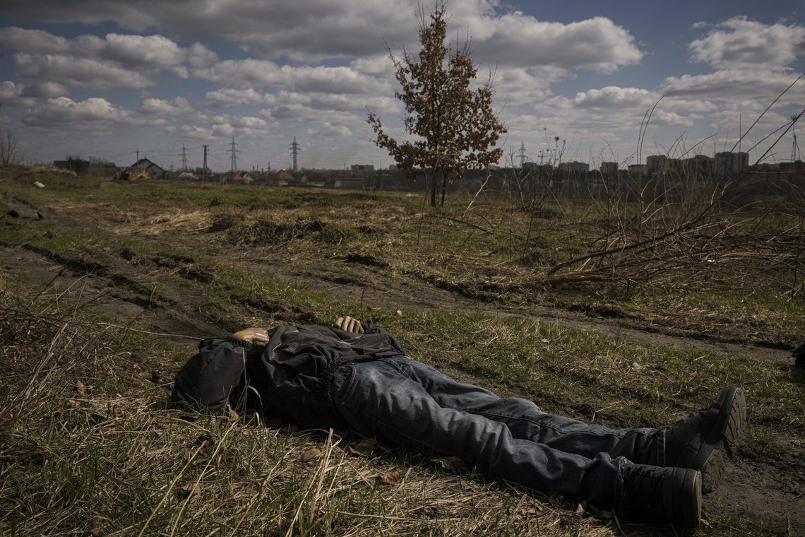 The lifeless body of a man lies on a dirt path in Bucha, Ukraine, Monday, April 4, 2022. Russia faced a fresh wave of condemnation on Monday after evidence emerged of what appeared to be deliberate killings of civilians in Ukraine. Some Western leaders called for further sanctions in response, even as Moscow continued to press its offensive in the country's east.(AP Photo/Vadim Ghirda) The lifeless body of a man lies on a dirt path in Bucha, Ukraine, Monday, April 4, 2022. Russia faced a fresh wave of condemnation on Monday after evidence emerged of what appeared to be deliberate killings of civilians in Ukraine. Some Western leaders called for further sanctions in response, even as Moscow continued to press its offensive in the country's east.(AP Photo/Vadim Ghirda)